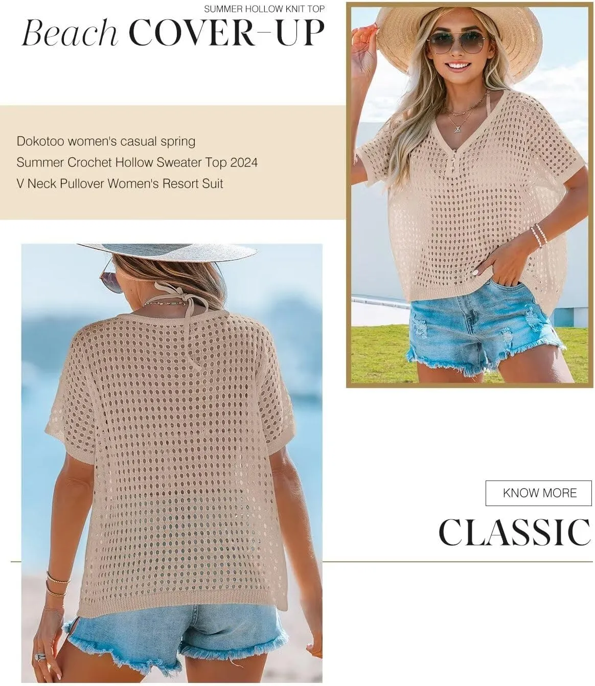 Dokotoo Womens Summer V Neck Short Sleeve Button Down Sweater Casual Crochet Hollow Out Knit Tops Beach Coverup