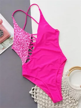 Fashion Leopard Patchwork One Piece Swimsuit 2024 Hollow Out Swimwear for Women Sexy Bathing Suit Backless Monokini