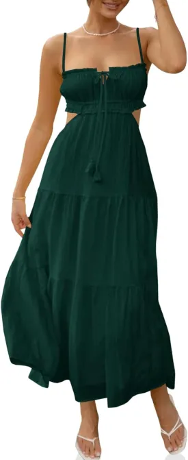 Fisoew Women's Spaghetti Strap Maxi Dress Summer Sleeveless Side Cut Out Dress Casual Boho Backless Flowy Long Dresses