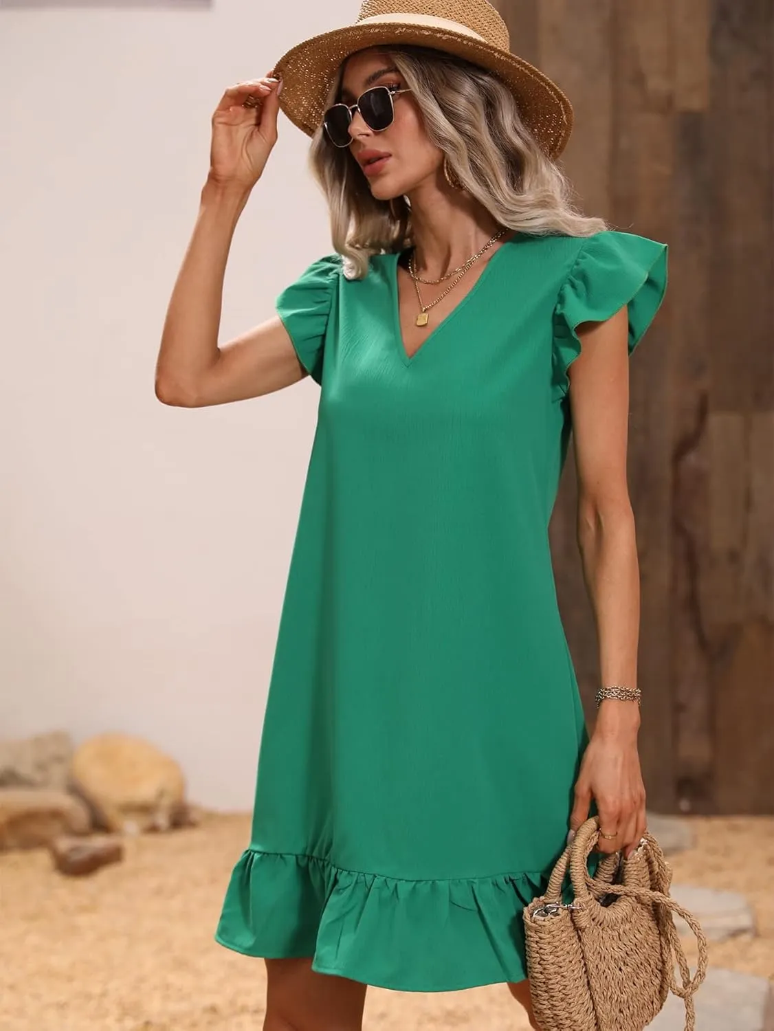 Floerns Women's Solid V Neck Ruffle Trim Cap Sleeve Summer Tunic Dress