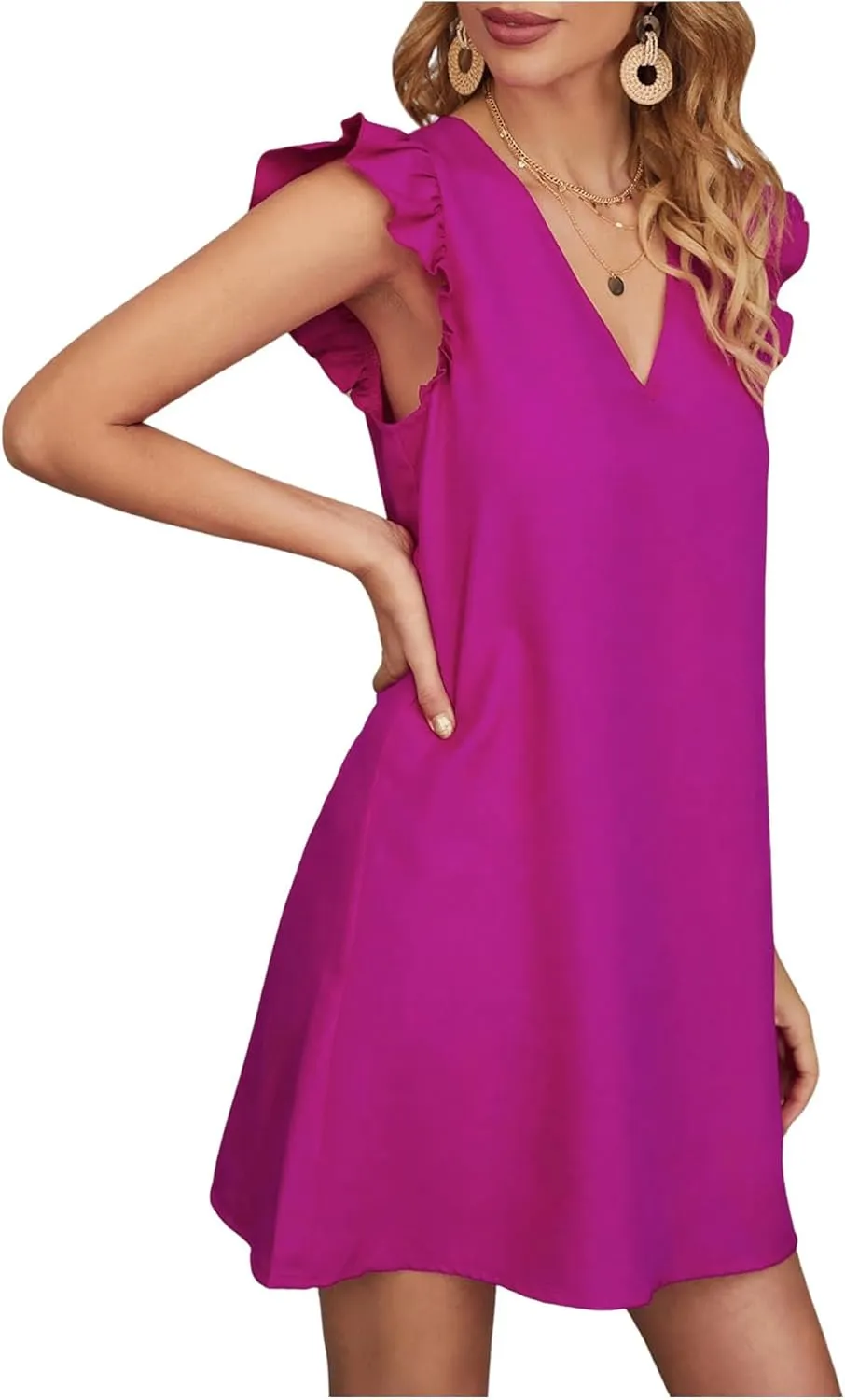 Floerns Women's Solid V Neck Ruffle Trim Cap Sleeve Summer Tunic Dress