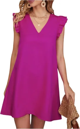 Floerns Women's Solid V Neck Ruffle Trim Cap Sleeve Summer Tunic Dress