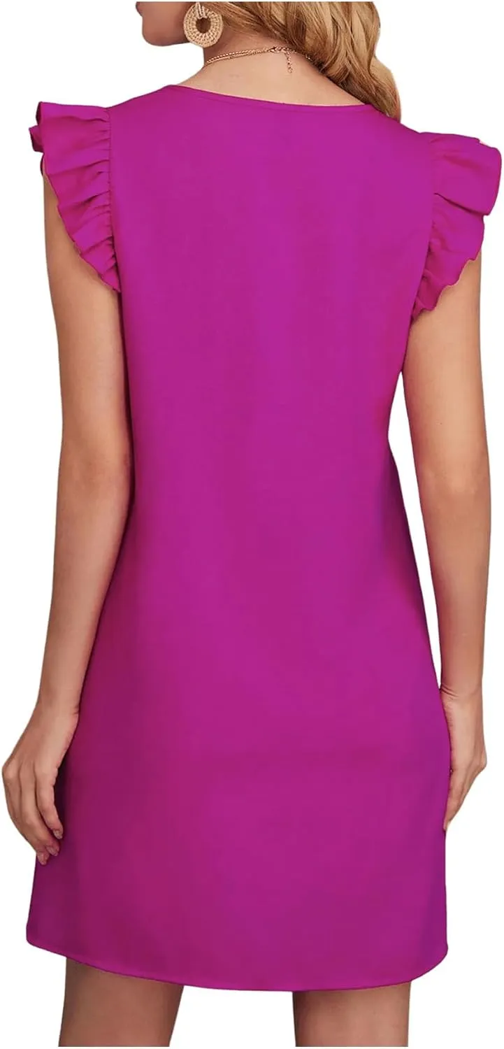 Floerns Women's Solid V Neck Ruffle Trim Cap Sleeve Summer Tunic Dress