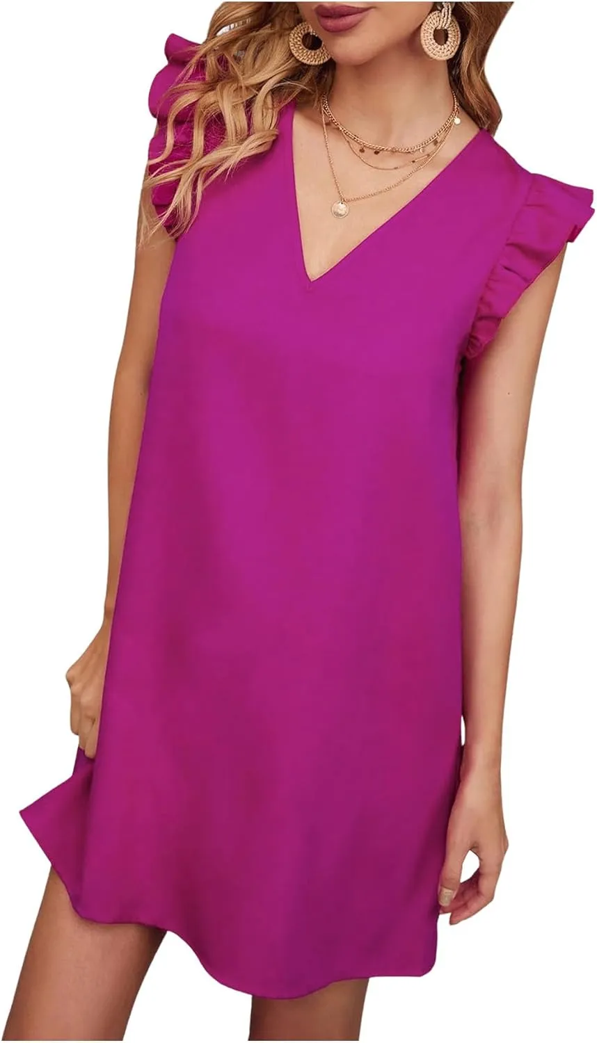 Floerns Women's Solid V Neck Ruffle Trim Cap Sleeve Summer Tunic Dress