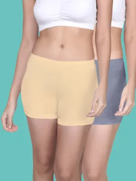 Full Coverage High Waist Long Panties with Gusseted Crotch and No Side Seams in Skin and Grey Pack of 2
