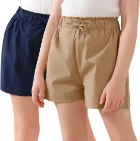 GORLYA 2 Pack Girls Paper Bag Elastic Waist Frilly Trim Linen Twill Casual Shorts with Pockets for 4-14T