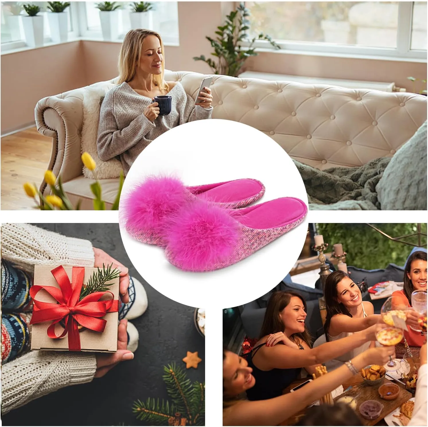 GRITHEIM Women's Fuzzy Pom Pom Velvet Memory Foam House Slippers Ladies Cozy Chenille Knit Bedroom Slippers Non-slip Sole Indoor Outdoor
