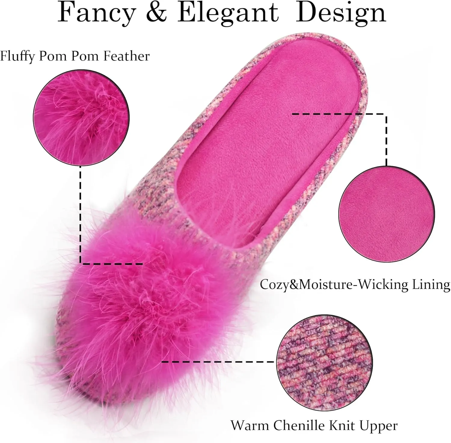 GRITHEIM Women's Fuzzy Pom Pom Velvet Memory Foam House Slippers Ladies Cozy Chenille Knit Bedroom Slippers Non-slip Sole Indoor Outdoor
