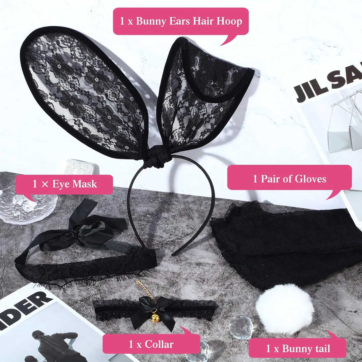Halloween Bunny Costume Accessories Set with Rabbit Ear Headband Eye Mask Gloves Collar Tail for Women