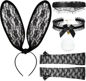Halloween Bunny Costume Accessories Set with Rabbit Ear Headband Eye Mask Gloves Collar Tail for Women