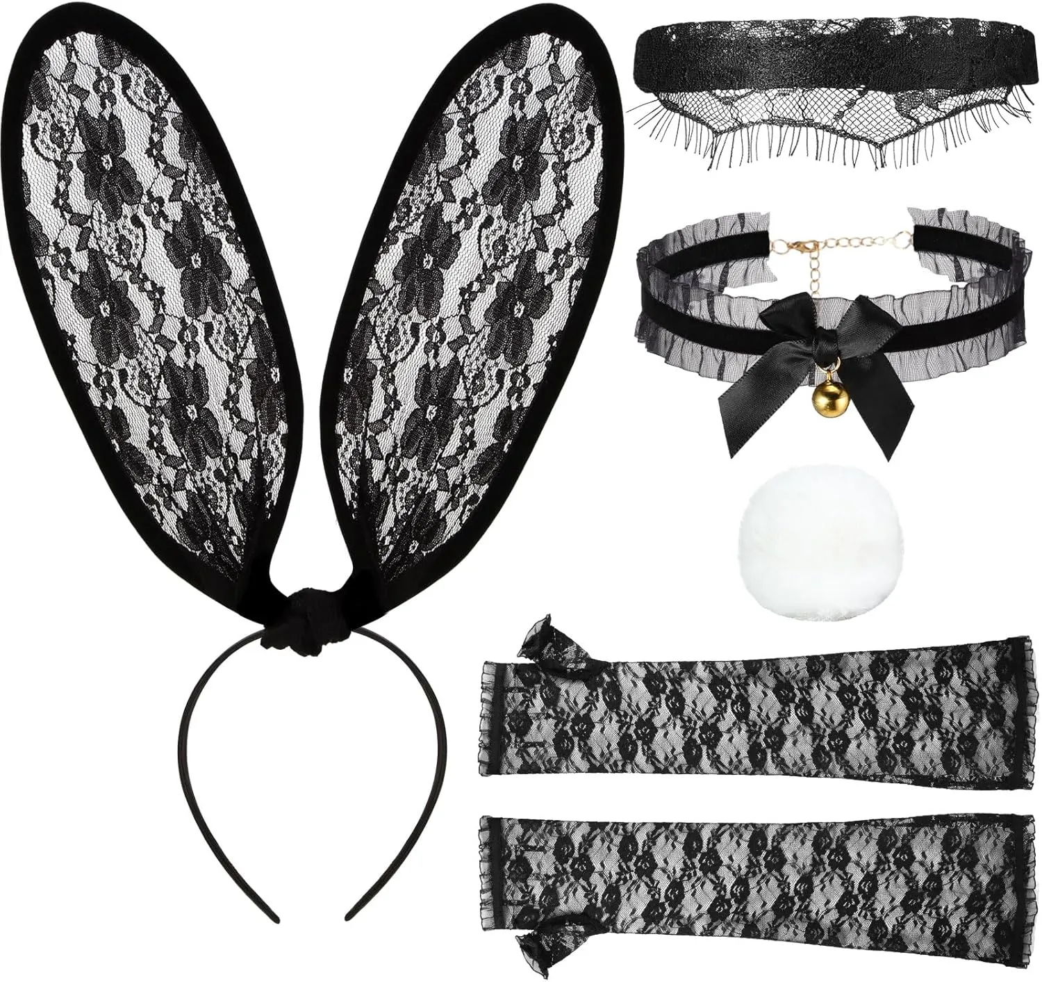 Halloween Bunny Costume Accessories Set with Rabbit Ear Headband Eye Mask Gloves Collar Tail for Women