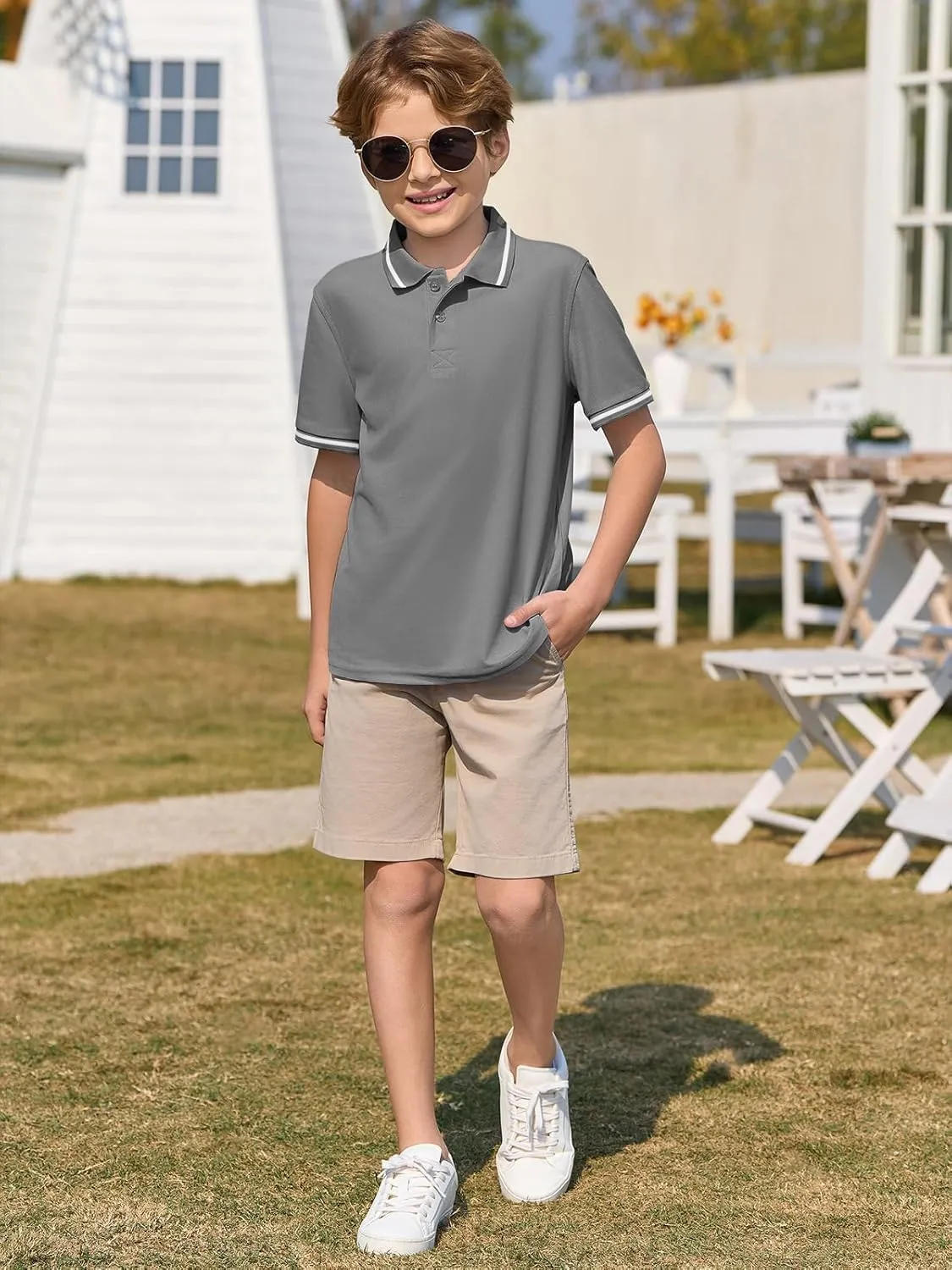 Haloumoning Kids Boys Short Sleeve School Uniform String Pique Polo Shirts 5-14 Years