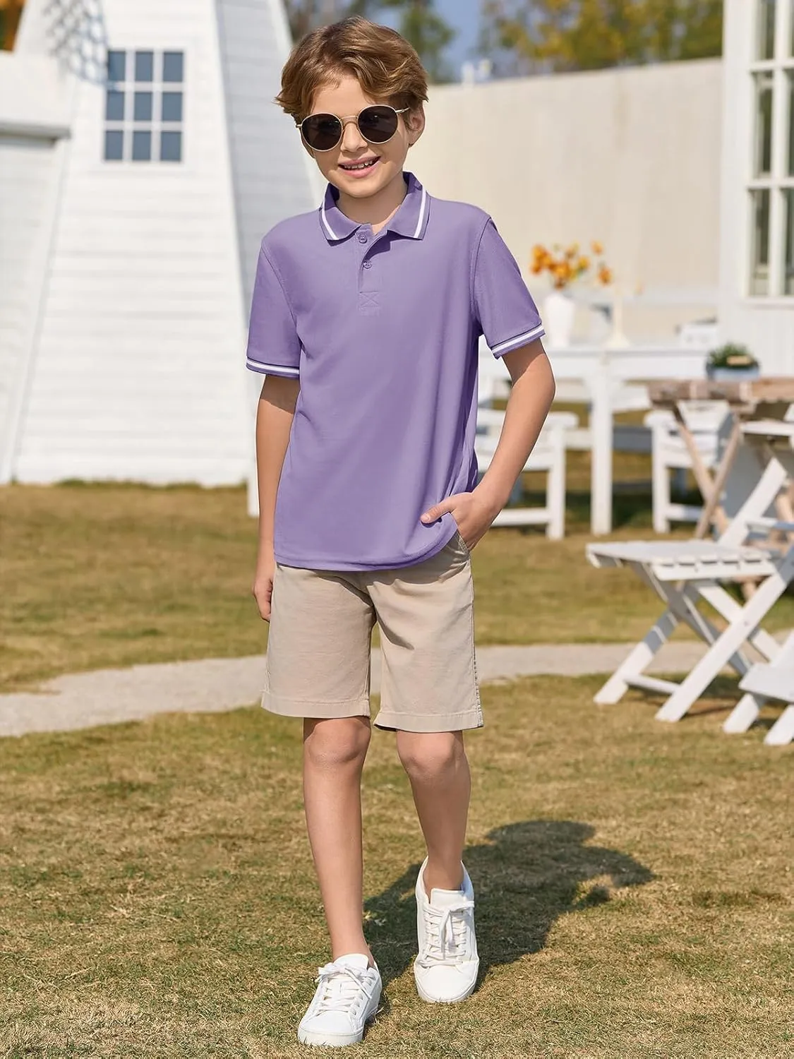 Haloumoning Kids Boys Short Sleeve School Uniform String Pique Polo Shirts 5-14 Years