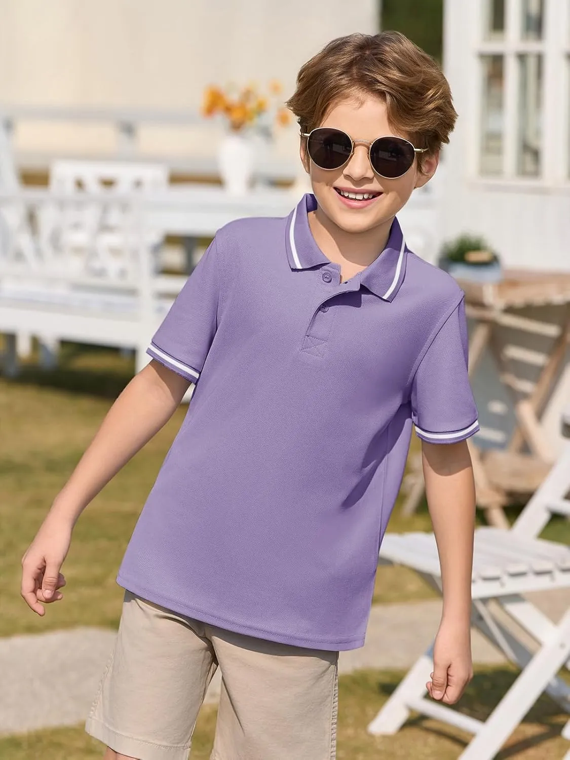 Haloumoning Kids Boys Short Sleeve School Uniform String Pique Polo Shirts 5-14 Years