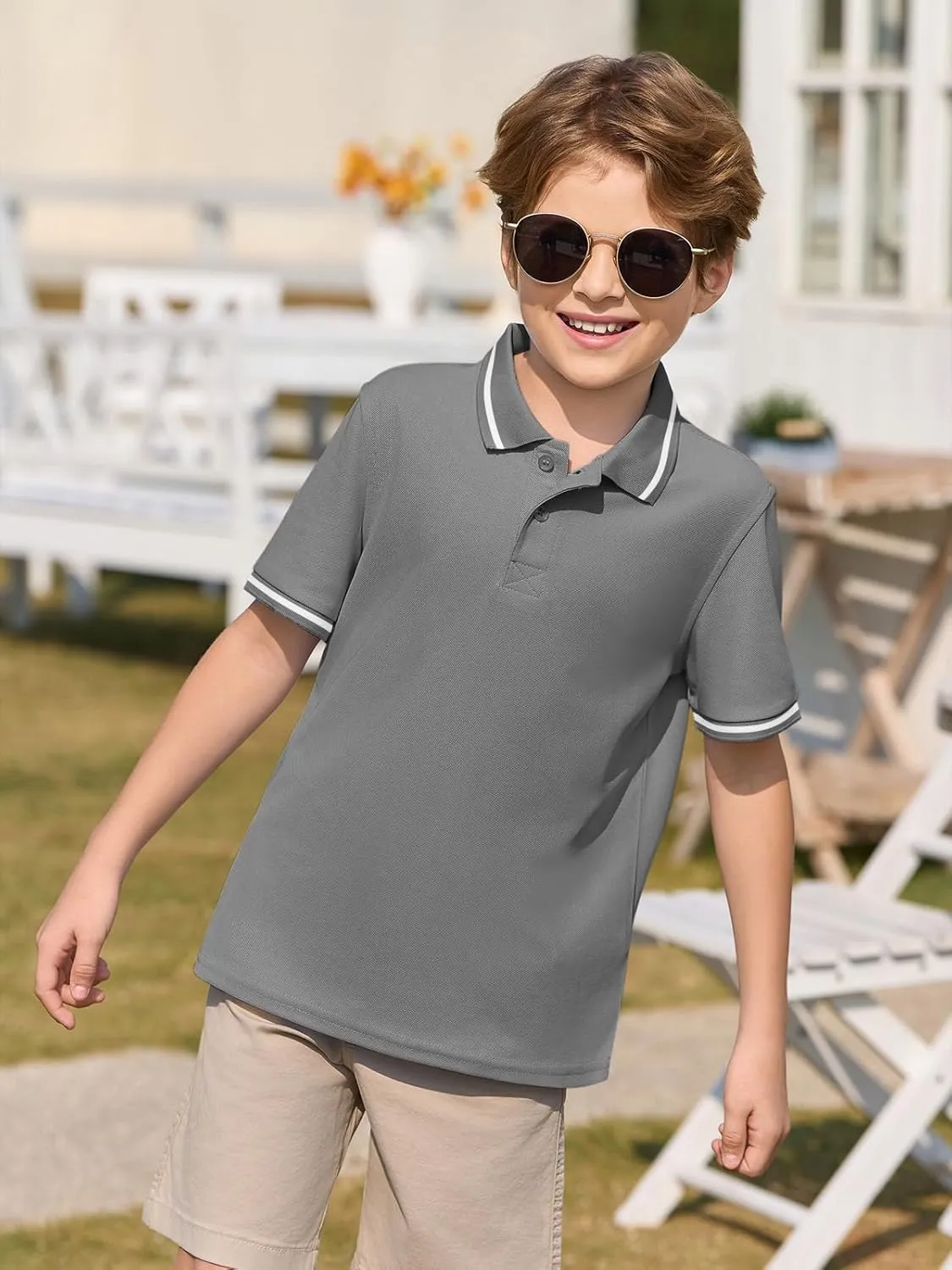 Haloumoning Kids Boys Short Sleeve School Uniform String Pique Polo Shirts 5-14 Years
