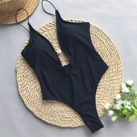 Halter Deep V neck One Piece Swimsuit 2024 Swimwear for Women Sexy High Cut Bathing Suit Bandage Monokini