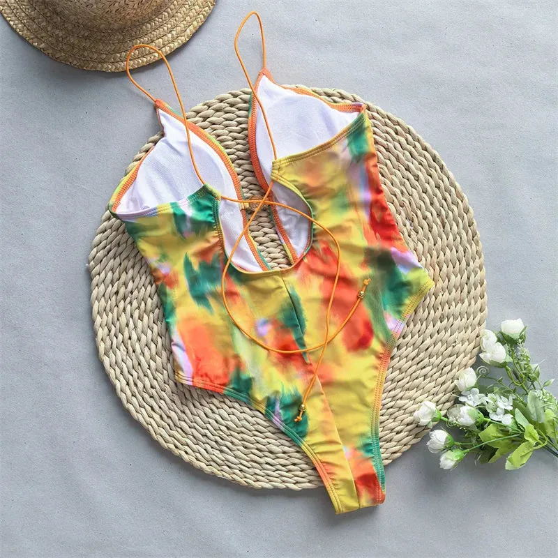 Halter Deep V neck One Piece Swimsuit 2024 Swimwear for Women Sexy High Cut Bathing Suit Bandage Monokini