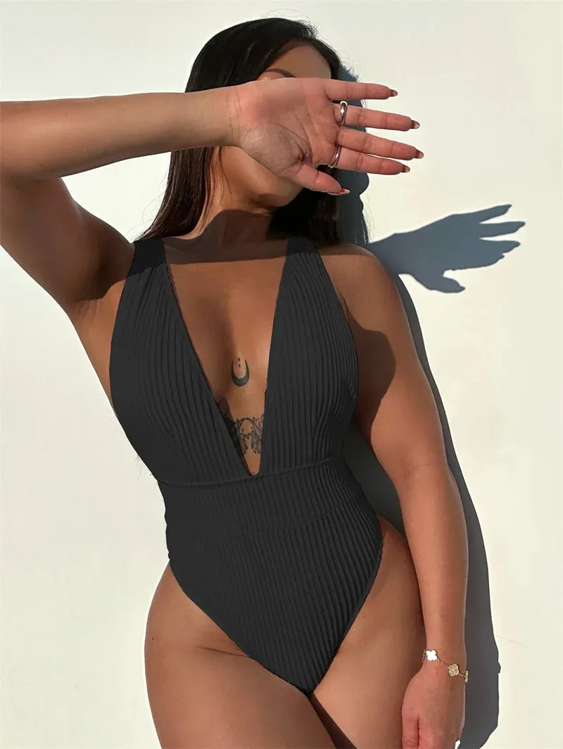 Halter One Piece Swimsuit 2024 Deep V Swimwear for Women Sexy High Cut Bathing Suit High Waist Monokini