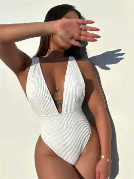 Halter One Piece Swimsuit 2024 Deep V Swimwear for Women Sexy High Cut Bathing Suit High Waist Monokini