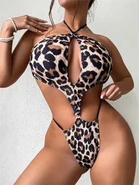 Halter One Piece Swimsuit Leopard Swimwear for Women Sexy Bathing Suit Hollow Out Swimwear Bodysuit