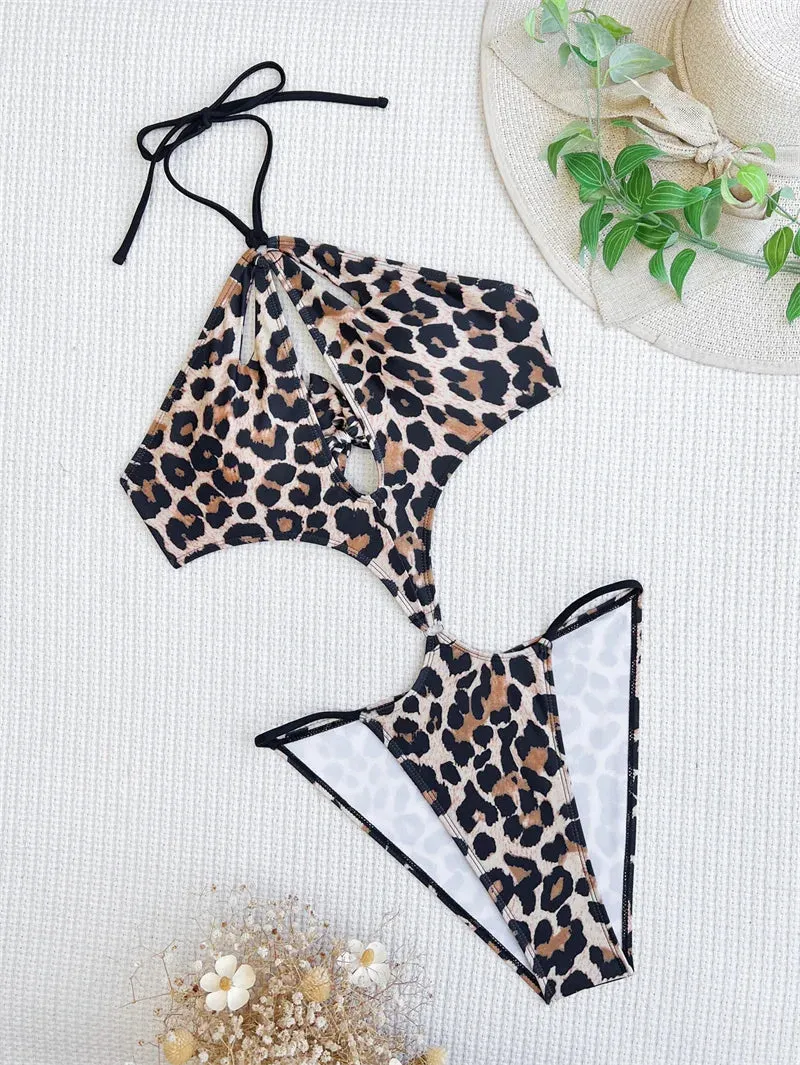 Halter One Piece Swimsuit Leopard Swimwear for Women Sexy Bathing Suit Hollow Out Swimwear Bodysuit