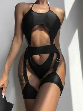 Halter One Piece Swimsuit With Garter Cut Out Swimwear for Women Sexy Bathing Suit High Waist Monokini