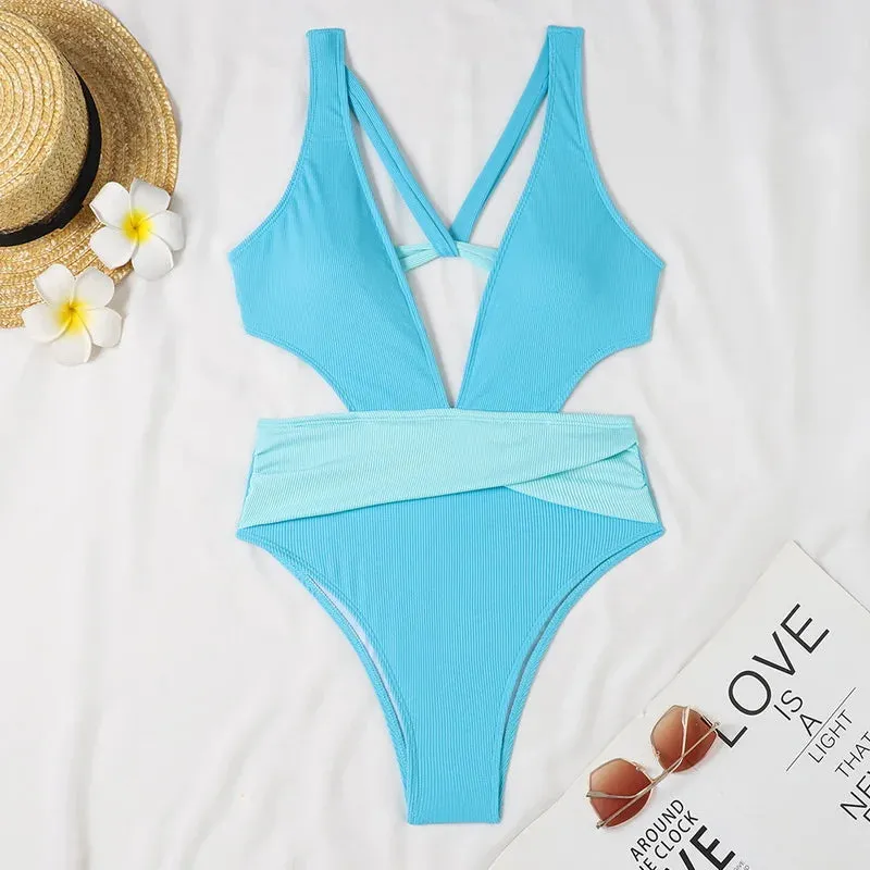 Halter One Piece Swimsuit Women 2025 Cut Out Deep V High Waist Monokini Sexy Backless Swimwear Bathing Suit