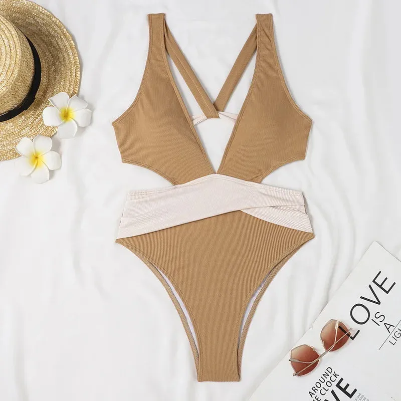 Halter One Piece Swimsuit Women 2025 Cut Out Deep V High Waist Monokini Sexy Backless Swimwear Bathing Suit