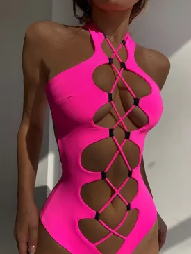 Hollow Out Lace up Swimwear Women 2022 High Neck Solid Cut Out Backless Monokini