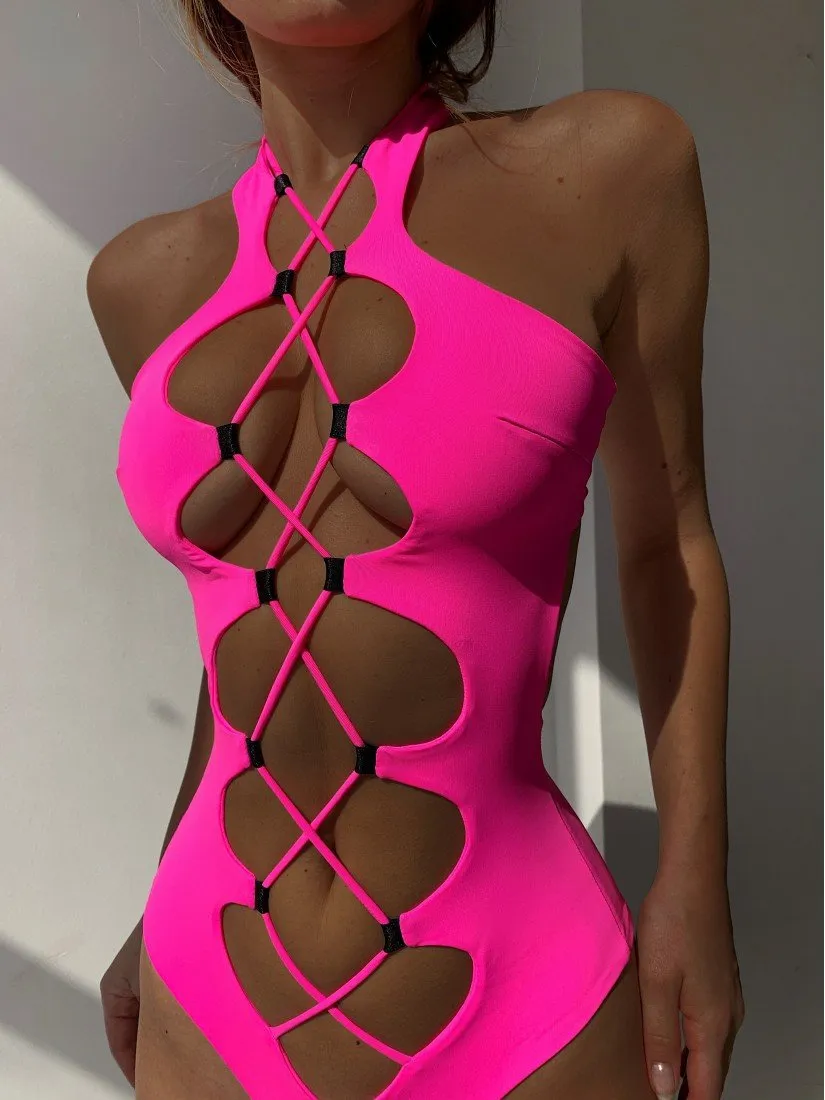 Hollow Out Lace up Swimwear Women 2022 High Neck Solid Cut Out Backless Monokini