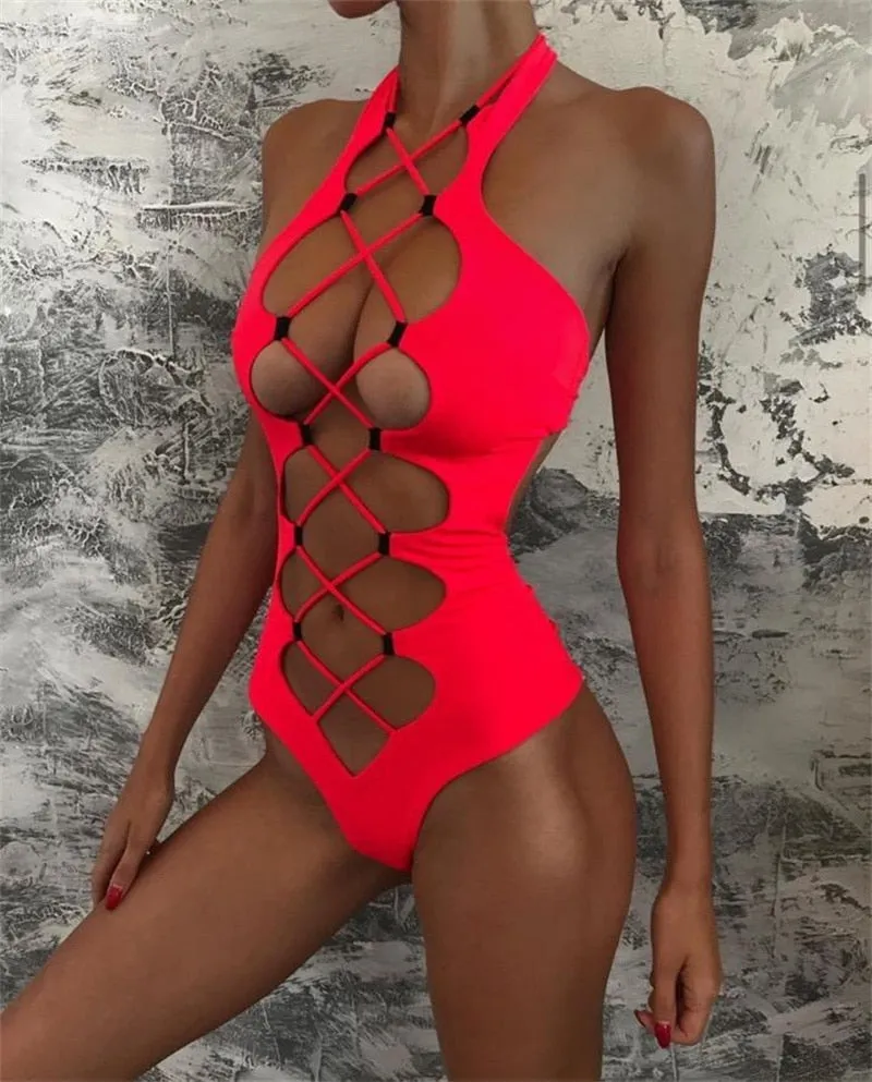 Hollow Out Lace up Swimwear Women 2022 High Neck Solid Cut Out Backless Monokini