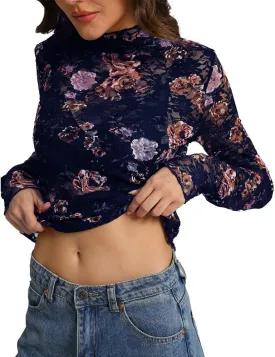 IWOLLENCE Women's Long Sleeve Mock Neck Lace Tops Sexy Floral Western See Through Blouse Sheer Mesh Shirts Party Clubwear