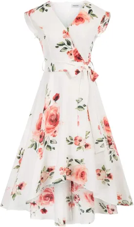 JASAMBAC Women's Floral High Low Dress for Wedding Guest Flowy Bohemian Empire Waist Swing Dress with Belt