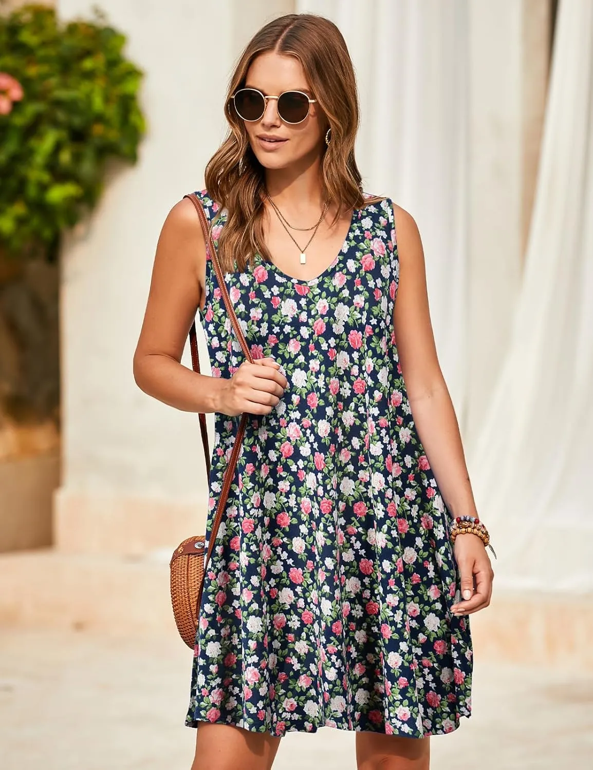 JollieLovin Women V Neck Plus Size Summer Dress 2025 Sleeveless T-Shirt Dress Beach Swing Loose Fit Casual