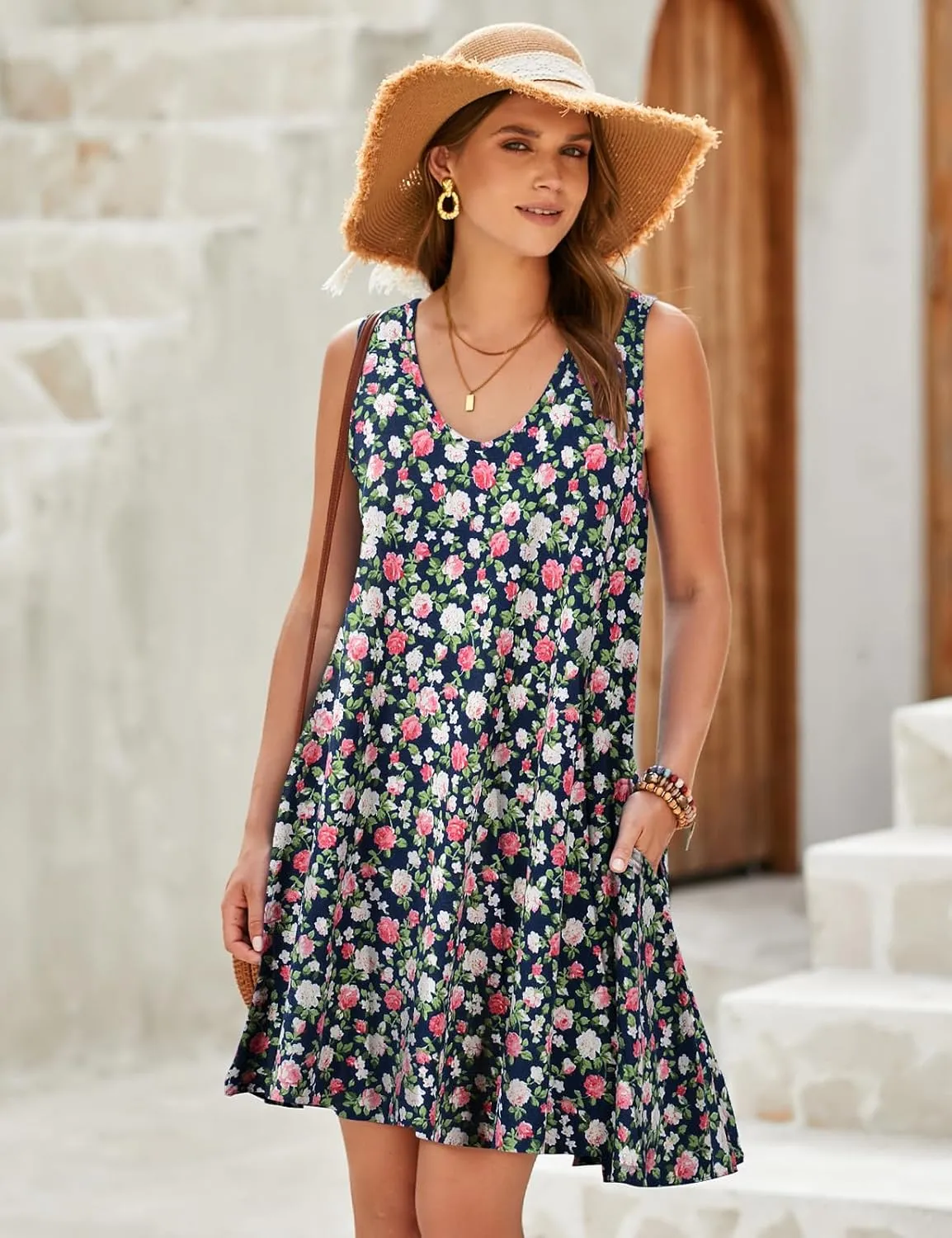 JollieLovin Women V Neck Plus Size Summer Dress 2025 Sleeveless T-Shirt Dress Beach Swing Loose Fit Casual