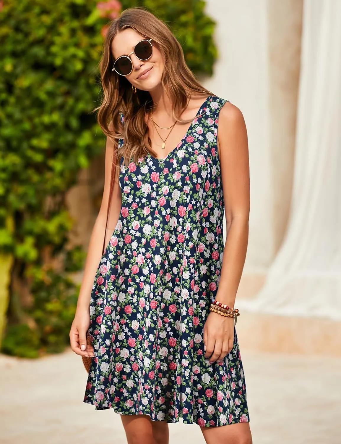 JollieLovin Women V Neck Plus Size Summer Dress 2025 Sleeveless T-Shirt Dress Beach Swing Loose Fit Casual