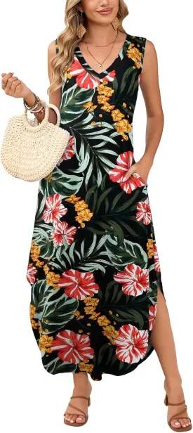 JollieLovin Womens Plus Size Casual Summer Maxi Long Dress 2025 Sleeveless V Neck T-Shirt Loose Sun Dress