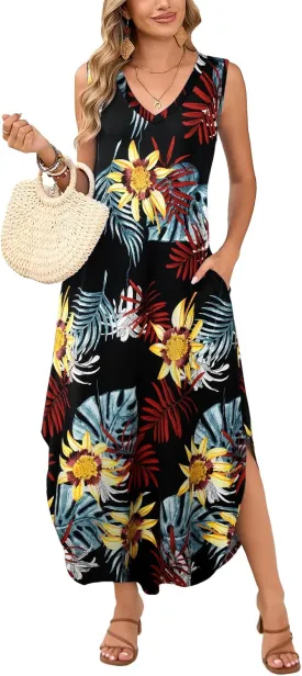 JollieLovin Womens Plus Size Casual Summer Maxi Long Dress 2025 Sleeveless V Neck T-Shirt Loose Sun Dress