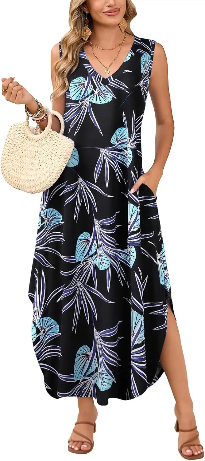 JollieLovin Womens Plus Size Casual Summer Maxi Long Dress 2025 Sleeveless V Neck T-Shirt Loose Sun Dress