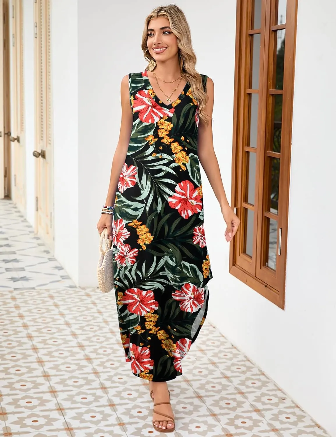 JollieLovin Womens Plus Size Casual Summer Maxi Long Dress 2025 Sleeveless V Neck T-Shirt Loose Sun Dress