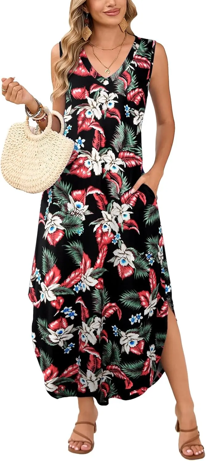 JollieLovin Womens Plus Size Casual Summer Maxi Long Dress 2025 Sleeveless V Neck T-Shirt Loose Sun Dress