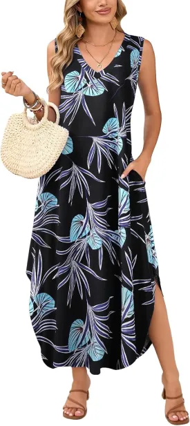 JollieLovin Womens Plus Size Casual Summer Maxi Long Dress 2025 Sleeveless V Neck T-Shirt Loose Sun Dress