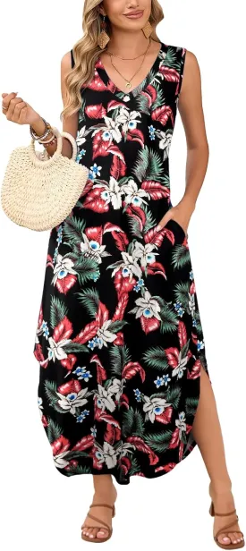 JollieLovin Womens Plus Size Casual Summer Maxi Long Dress 2025 Sleeveless V Neck T-Shirt Loose Sun Dress