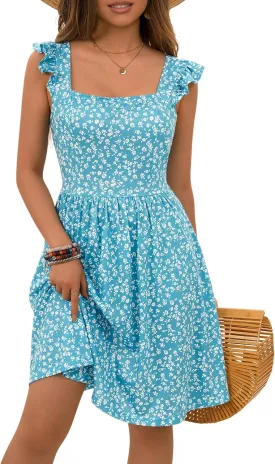 Loemes Summer Casual Cute Floral Flowy Square Neck Sundressses with Pocket Beach Dress for Women
