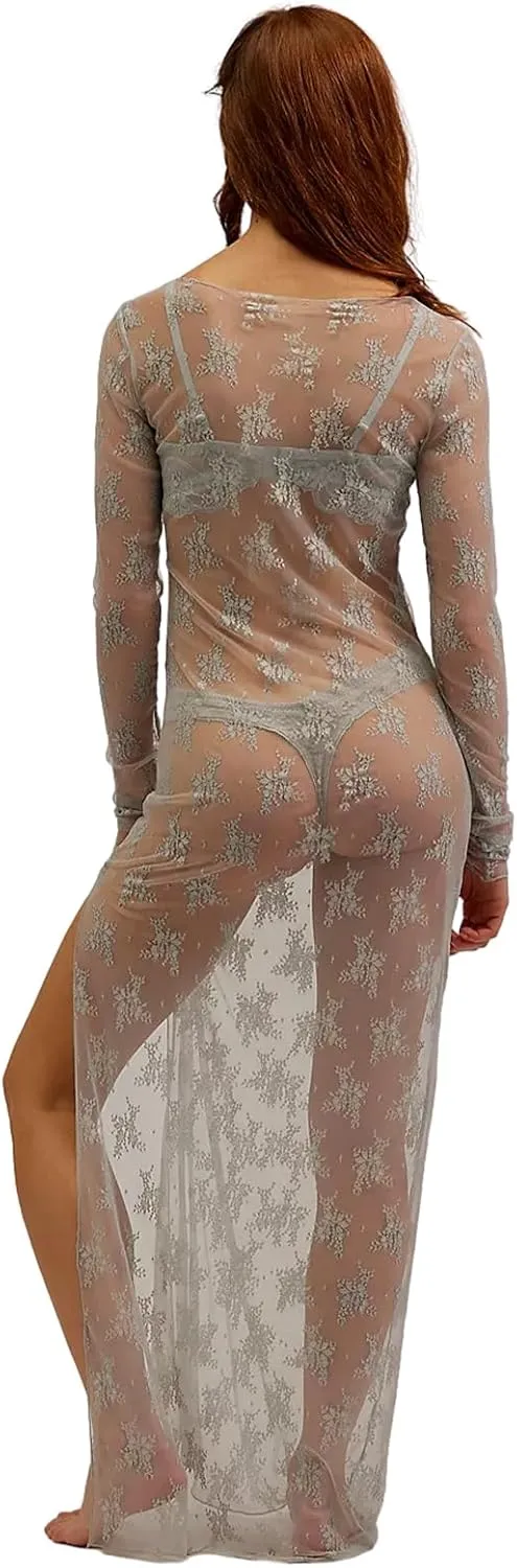 Luckinbaby Women Floral Lace Slip Long Dress Long Sleeve See Through Mesh Maxi Dress Sexy Evening Party Beach Cover Dress