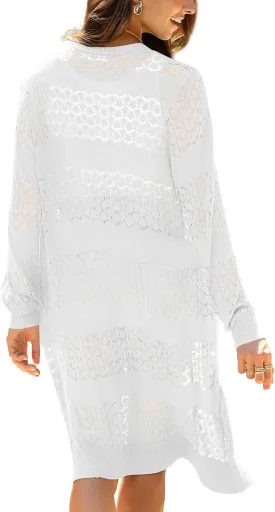 LYHNMW Women's Casual Lightweight Crochet Cardigan Sweater Long Sleeve Open Front Knitt Boho Beach Coverups with Pockets