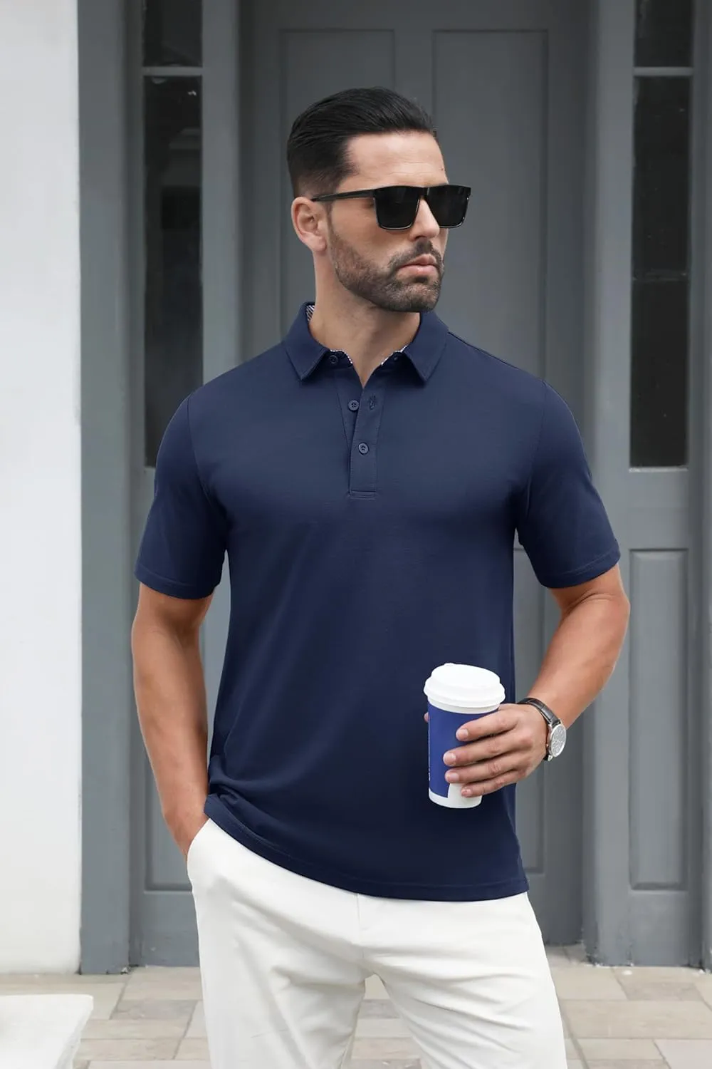 MAGCOMSEN Men's Polo Shirts Short Sleeve Cotton Pique 3 Button Classic Fit Casual T-Shirt Performance Golf Shirts