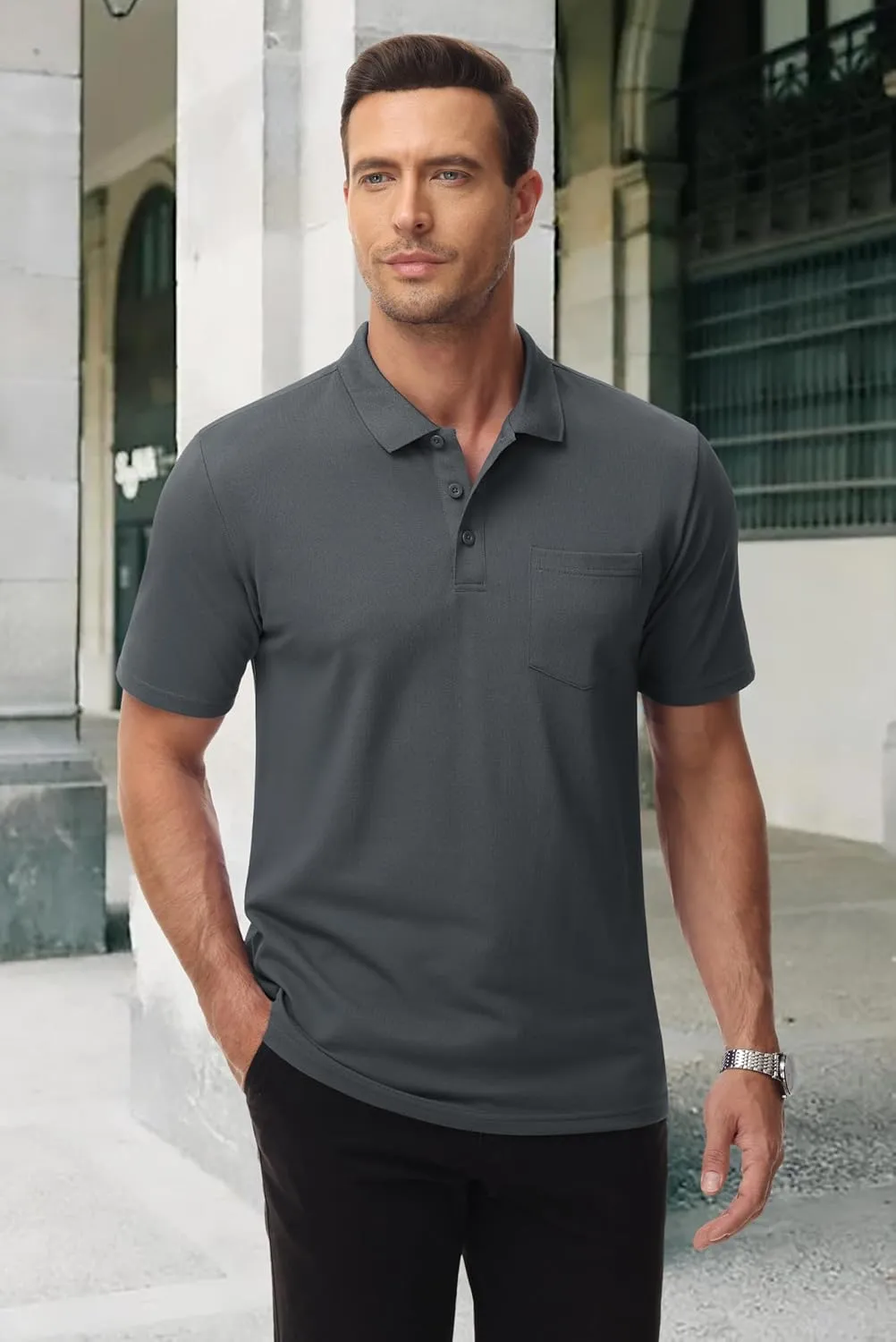 MAGCOMSEN Mens Polo Shirts with Pocket Cotton Pique Short Sleeve Collared Shirt Moisture Wicking Golf Shirts 3-Button Shirts