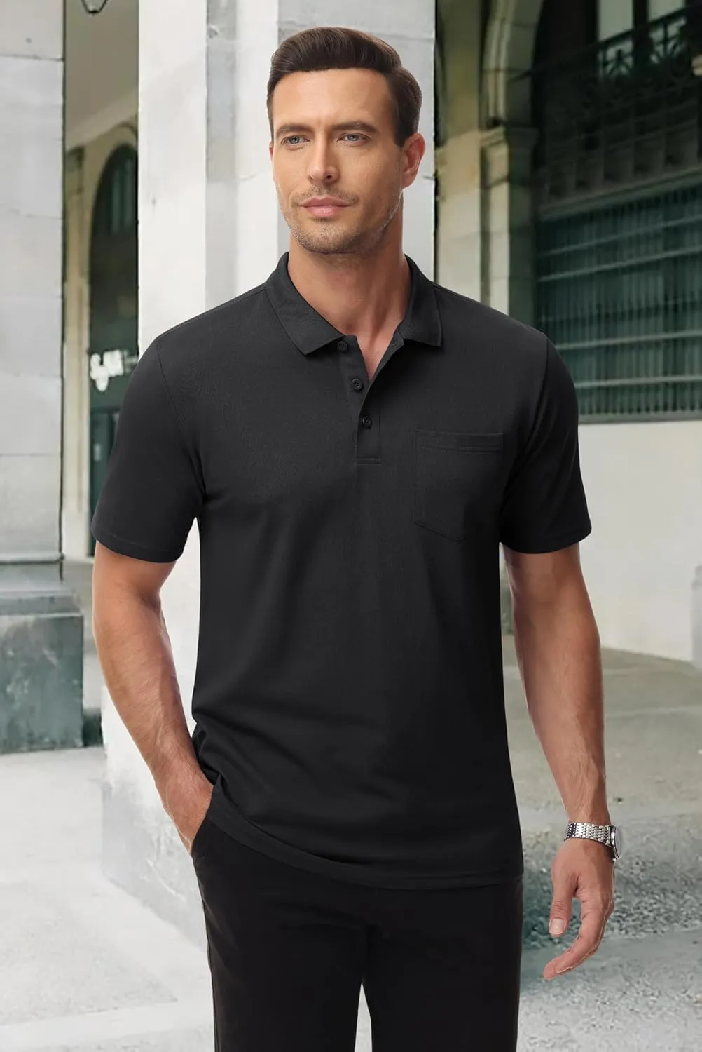 MAGCOMSEN Mens Polo Shirts with Pocket Cotton Pique Short Sleeve Collared Shirt Moisture Wicking Golf Shirts 3-Button Shirts