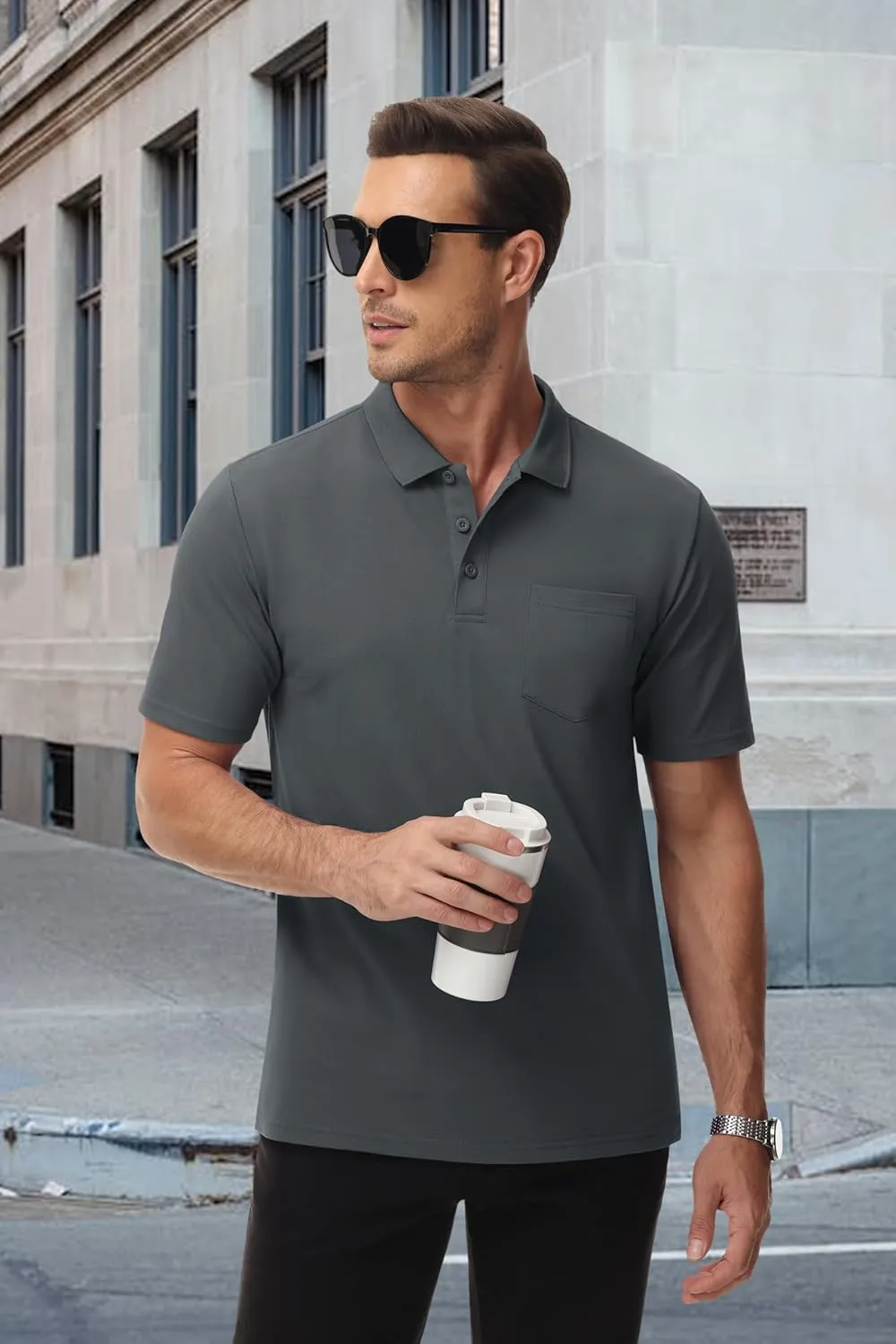 MAGCOMSEN Mens Polo Shirts with Pocket Cotton Pique Short Sleeve Collared Shirt Moisture Wicking Golf Shirts 3-Button Shirts